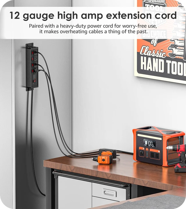 Alt view image 5 of 7 - Magnetic Heavy Duty Surge Protector, 12 Gauge, Black, 25FT, 1 Individual Switches, Outdoor Extension Cord with Multiple Outlets, Wall Mount Plug Extender, Grounding, Garage Power Strip