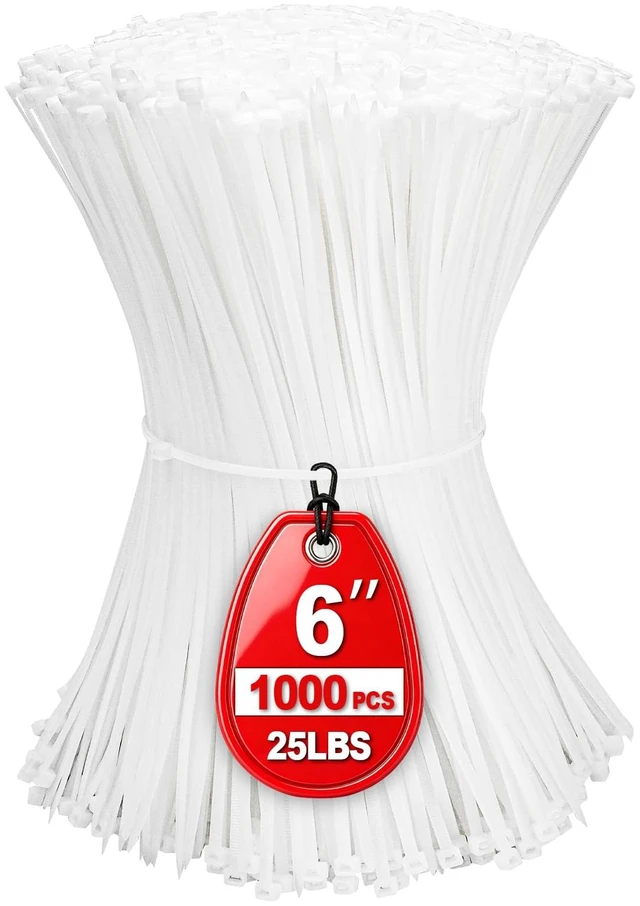 Main image of Zip Ties, Small Zip Ties 6 Inch,1000 Piece White Cable ties with 25lb Tensile Strength, Multi-Purpose Nylon Self-Locking Cable Ties