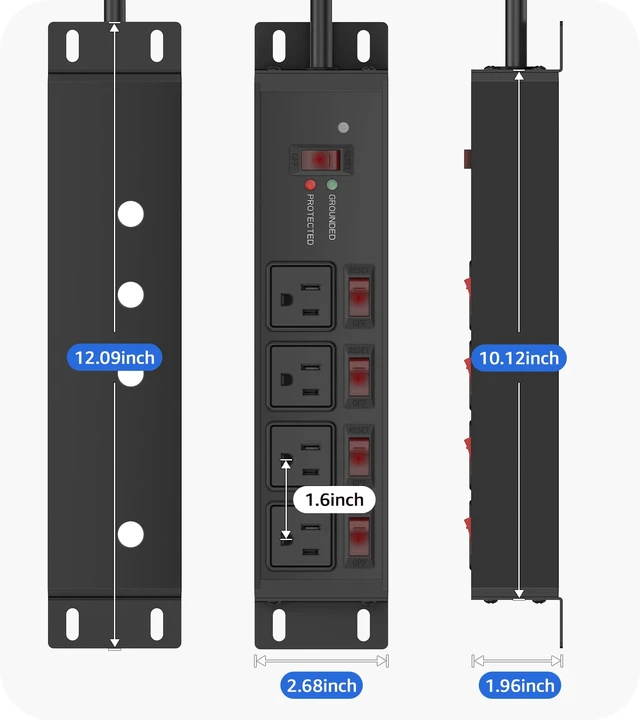 Alt view image 7 of 7 - Magnetic Heavy Duty Surge Protector, 12 Gauge, Black, 25FT, 1 Individual Switches, Outdoor Extension Cord with Multiple Outlets, Wall Mount Plug Extender, Grounding, Garage Power Strip