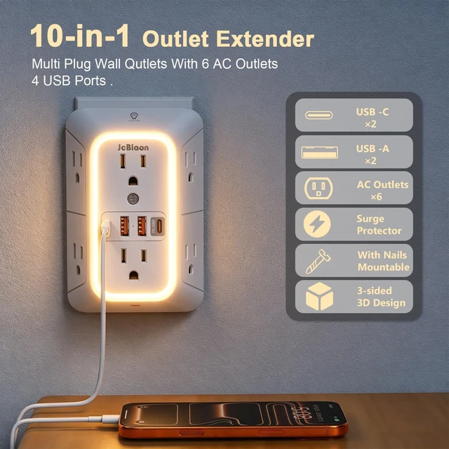 Alt view image 2 of 7 - Multi Plug Outlet Surge Protector, 6 Outlet Extender and 4 USB with PD30W USB-C Fast Charging, 3-Sided 1050J Surge Protector Power Strip with Night Light for Home Travel Office-ETL