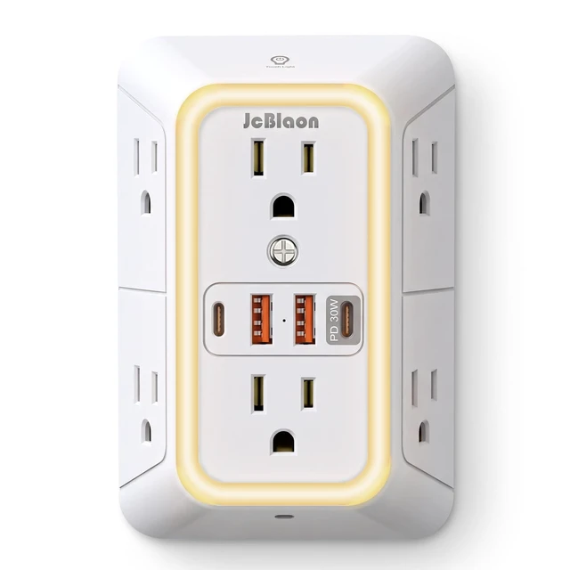 Main image of Multi Plug Outlet Surge Protector, 6 Outlet Extender and 4 USB with PD30W USB-C Fast Charging, 3-Sided 1050J Surge Protector Power Strip with Night Light for Home Travel Office-ETL