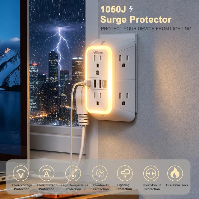 Alt view image 3 of 7 - Multi Plug Outlet Surge Protector, 6 Outlet Extender and 4 USB with PD30W USB-C Fast Charging, 3-Sided 1050J Surge Protector Power Strip with Night Light for Home Travel Office-ETL
