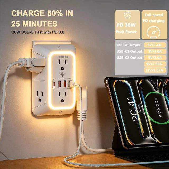 Alt view image 4 of 7 - Multi Plug Outlet Surge Protector, 6 Outlet Extender and 4 USB with PD30W USB-C Fast Charging, 3-Sided 1050J Surge Protector Power Strip with Night Light for Home Travel Office-ETL