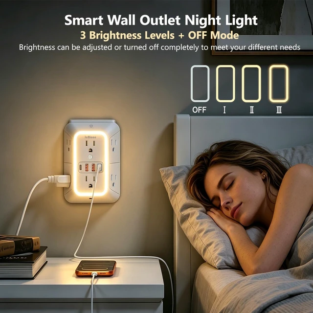 Alt view image 5 of 7 - Multi Plug Outlet Surge Protector, 6 Outlet Extender and 4 USB with PD30W USB-C Fast Charging, 3-Sided 1050J Surge Protector Power Strip with Night Light for Home Travel Office-ETL