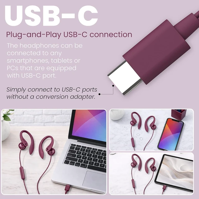 Alt view image 7 of 7 - USB-C Wired Earbuds with Microphone & in-Line Control, Over Ear Earhook, Compatible with iPhone 15 & 16, Samsung, Android Type-C Phones, Secure Fit Sports Running Headset