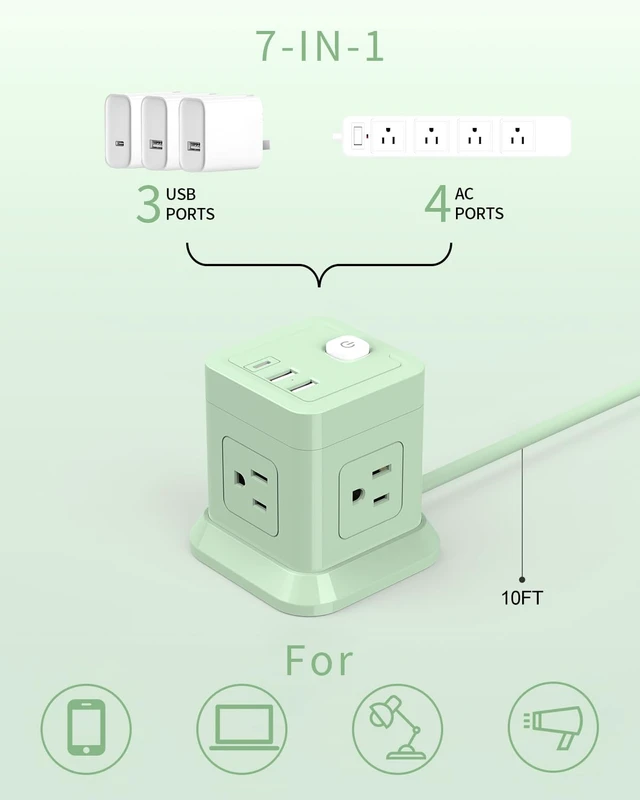 Alt view image 2 of 6 - Cube Power Strip USB C, 4 Outlets 3 USB 10 FT Extension Cord Green Long Extension Cord Cube Design Saves Space Overload Protection for Home Office Desk & Travel Use ETL Listed