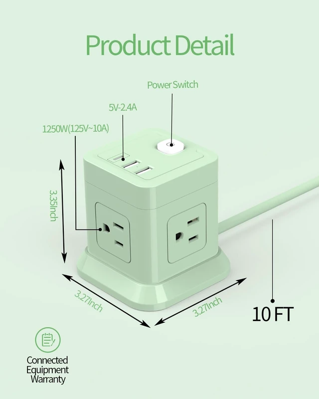 Alt view image 3 of 6 - Cube Power Strip USB C, 4 Outlets 3 USB 10 FT Extension Cord Green Long Extension Cord Cube Design Saves Space Overload Protection for Home Office Desk & Travel Use ETL Listed