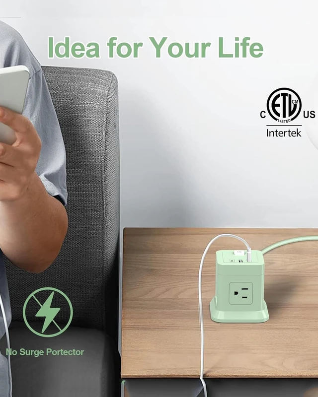 Alt view image 4 of 6 - Cube Power Strip USB C, 4 Outlets 3 USB 10 FT Extension Cord Green Long Extension Cord Cube Design Saves Space Overload Protection for Home Office Desk & Travel Use ETL Listed