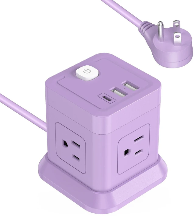 Main image of Cube Power Strip USB C, 4 Outlets 3 USB 10 FT Extension Cord Purple Long Extension Cord Cube Design Saves Space Overload Protection for Home Office Desk & Travel Use ETL Listed