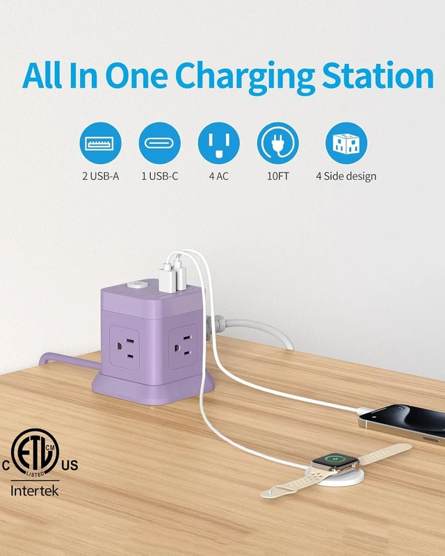 Alt view image 2 of 6 - Cube Power Strip USB C, 4 Outlets 3 USB 10 FT Extension Cord Purple Long Extension Cord Cube Design Saves Space Overload Protection for Home Office Desk & Travel Use ETL Listed