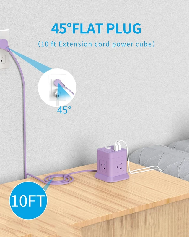 Alt view image 3 of 6 - Cube Power Strip USB C, 4 Outlets 3 USB 10 FT Extension Cord Purple Long Extension Cord Cube Design Saves Space Overload Protection for Home Office Desk & Travel Use ETL Listed