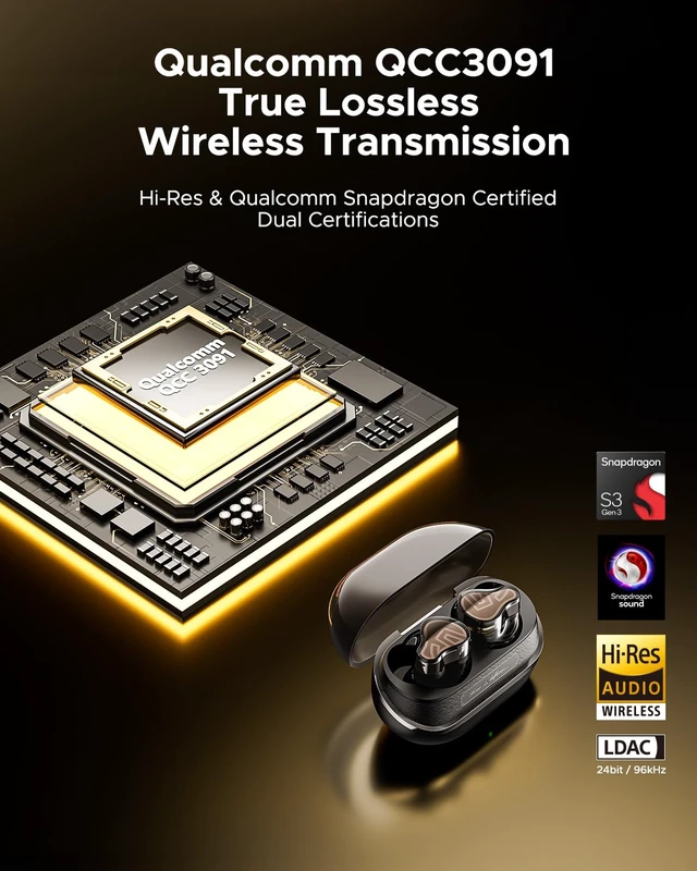 Alt view image 3 of 7 - H3 Wireless Headphones, Triple Driver LDAC aptX Lossless, 55dB 55dB Hybrid ANC, 6MIC AI ENC, Bluetooth 5.4, IPX5 Waterproof, Fast Charging 10min=2hrs, Multipoint Connection, App EQ, Ti BK