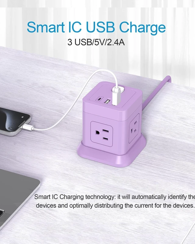 Alt view image 5 of 6 - Cube Power Strip USB C, 4 Outlets 3 USB 10 FT Extension Cord Purple Long Extension Cord Cube Design Saves Space Overload Protection for Home Office Desk & Travel Use ETL Listed