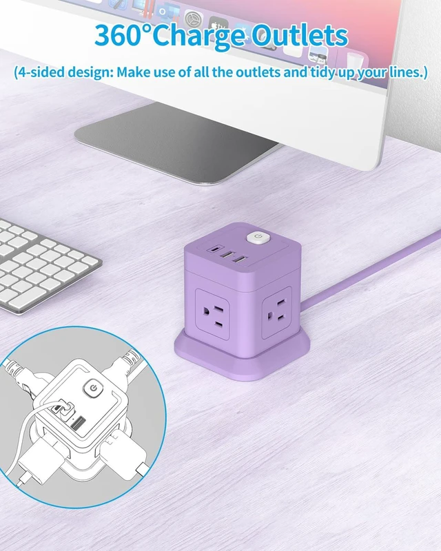 Alt view image 4 of 6 - Cube Power Strip USB C, 4 Outlets 3 USB 10 FT Extension Cord Purple Long Extension Cord Cube Design Saves Space Overload Protection for Home Office Desk & Travel Use ETL Listed
