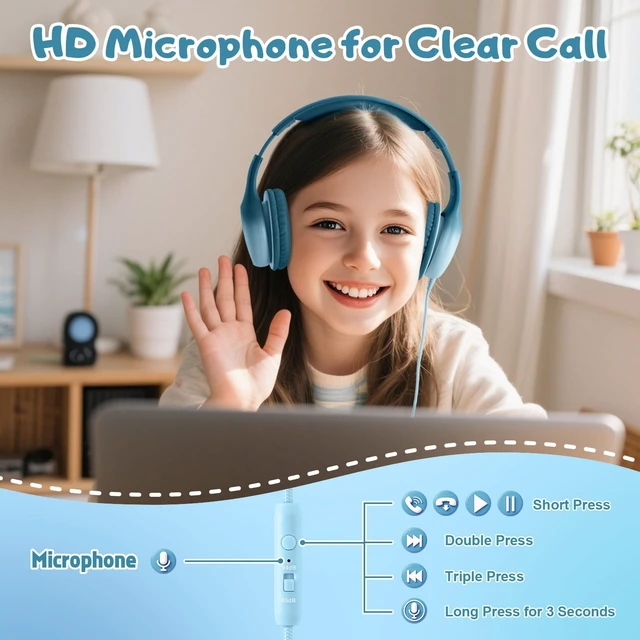 Alt view image 3 of 7 - USB Type C Kids Headphones, Wired Headphones for Kids with Microphone 85/94dB Volume Limit, Stereo Sound Portable Over Ear Headphones for School/Travel/Tablet/iPad, Gradient Green