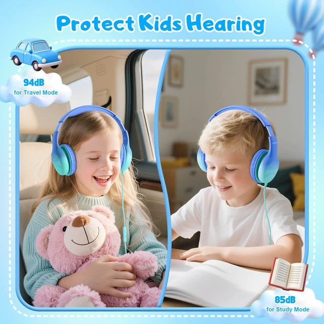 Alt view image 2 of 7 - USB Type C Kids Headphones, Wired Headphones for Kids with Microphone 85/94dB Volume Limit, Stereo Sound Portable Over Ear Headphones for School/Travel/Tablet/iPad, Gradient Blue