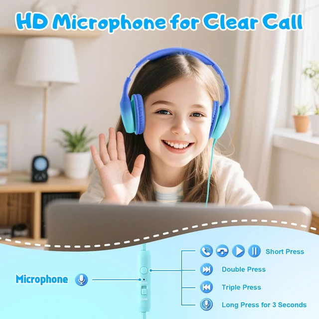 Alt view image 3 of 7 - USB Type C Kids Headphones, Wired Headphones for Kids with Microphone 85/94dB Volume Limit, Stereo Sound Portable Over Ear Headphones for School/Travel/Tablet/iPad, Gradient Blue