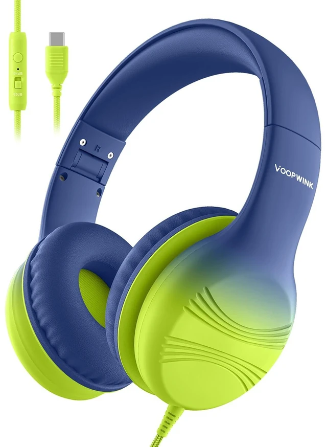 Main image of USB Type C Kids Headphones, Wired Headphones for Kids with Microphone 85/94dB Volume Limit, Stereo Sound Portable Over Ear Headphones for School/Travel/Tablet/iPad, Blue Lemon