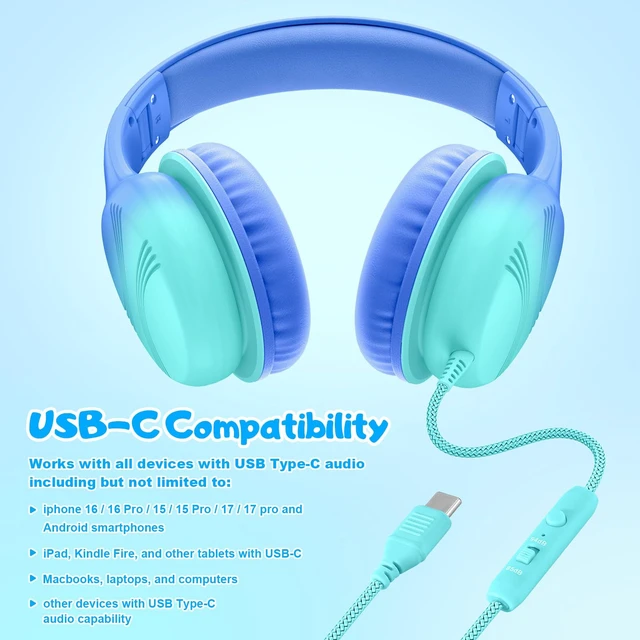 Alt view image 7 of 7 - USB Type C Kids Headphones, Wired Headphones for Kids with Microphone 85/94dB Volume Limit, Stereo Sound Portable Over Ear Headphones for School/Travel/Tablet/iPad, Gradient Blue