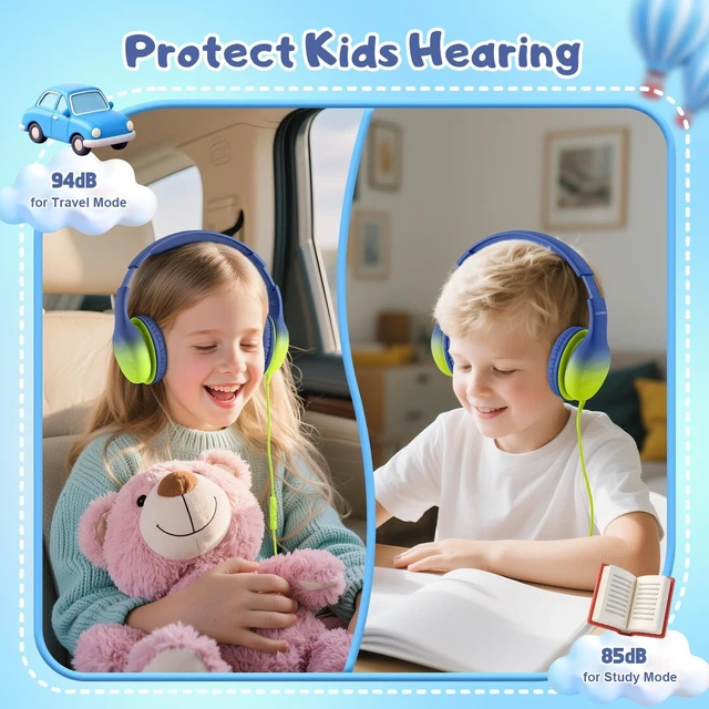 Alt view image 2 of 7 - USB Type C Kids Headphones, Wired Headphones for Kids with Microphone 85/94dB Volume Limit, Stereo Sound Portable Over Ear Headphones for School/Travel/Tablet/iPad, Blue Lemon