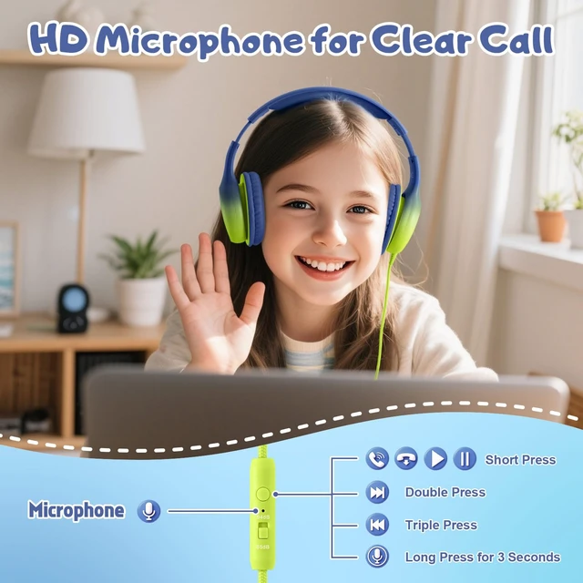 Alt view image 3 of 7 - USB Type C Kids Headphones, Wired Headphones for Kids with Microphone 85/94dB Volume Limit, Stereo Sound Portable Over Ear Headphones for School/Travel/Tablet/iPad, Blue Lemon