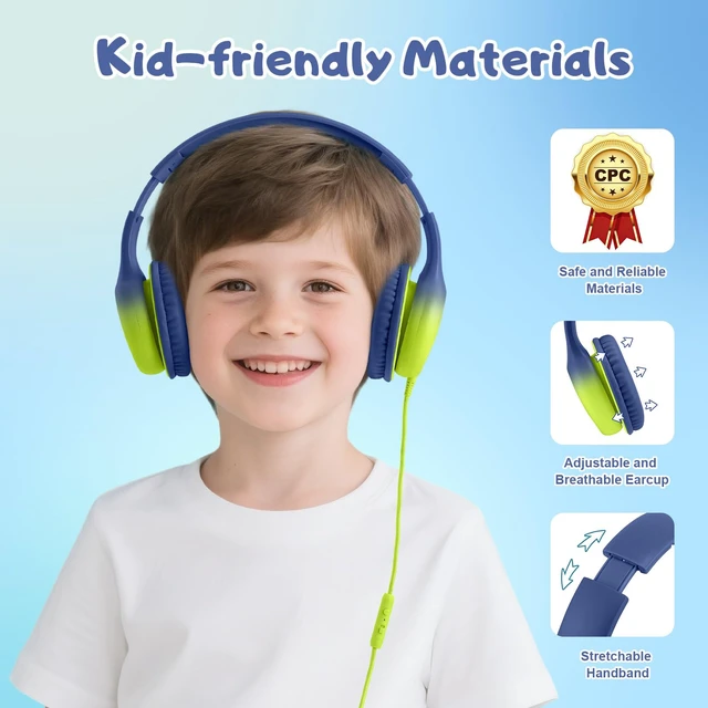 Alt view image 5 of 7 - USB Type C Kids Headphones, Wired Headphones for Kids with Microphone 85/94dB Volume Limit, Stereo Sound Portable Over Ear Headphones for School/Travel/Tablet/iPad, Blue Lemon