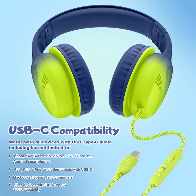 Alt view image 7 of 7 - USB Type C Kids Headphones, Wired Headphones for Kids with Microphone 85/94dB Volume Limit, Stereo Sound Portable Over Ear Headphones for School/Travel/Tablet/iPad, Blue Lemon