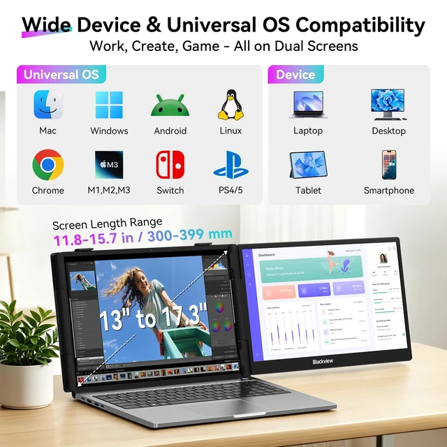 Alt view image 6 of 7 - Laptop Screen Extender, 14" 1080P FHD IPS Portable Monitor, Ultra-Slim Travel Dual Monitor Fit for 13"-17.3" Laptops, USB-C Plug &Play Extended Screen for Windows/Mac/Android/Switch