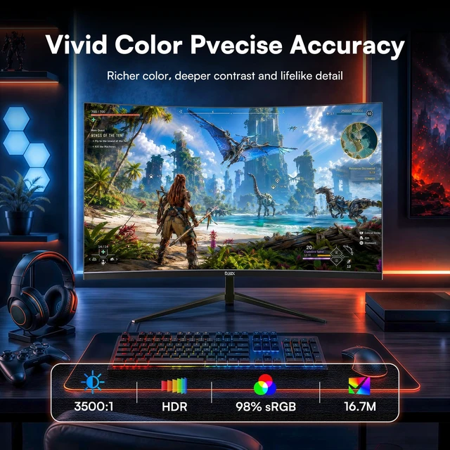 Alt view image 4 of 7 - 32 Inch 2K QHD Curved Gaming Monitor 165Hz, VA Panel, 1500R 3500:1 Contrast Ratio, 98%sRGB, HDR10, 16.7M, Frameless Design for PC and Console, HDMI, DP, VESA