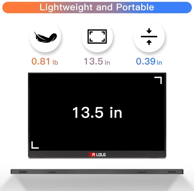 Alt view image 7 of 7 - 13.5" Portable Monitor for Laptop, 2K FHD 60Hz with USB-C & HDMI Full-function USB-C one-cable video & power HDMI port, for laptops, phones, PS5, Switch, Xbox without extra adapters