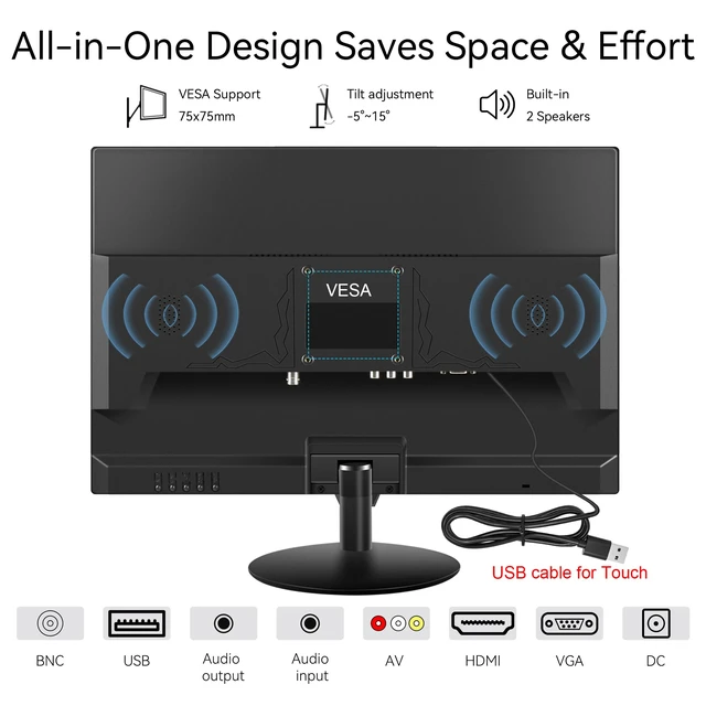 Alt view image 6 of 7 - Touchscreen Monitor 19 Inch, 10-Point Multi Touch Screen Monitor 1440×900 HD Display with HDMI VGA AV BNC USB Ports, VESA, Build-in Speakers for POS, Office, and Industrial Use