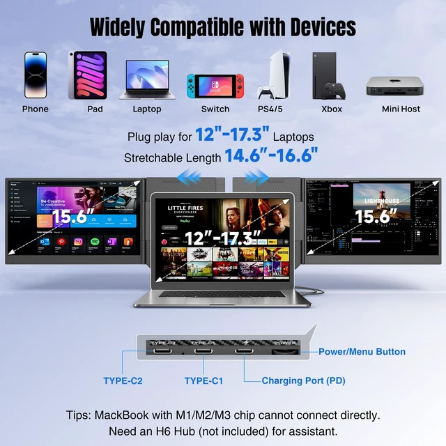 Alt view image 5 of 7 - Laptop Screen Extender 15.6", 1080P FHD IPS Ultra-Slim Triple Portable Monitor for Laptop 12-17.3", Eyes Care HDR Travel Monitor, USB-C/HDMI Plug-Play Monitor Extender for macOS/Win and Phone