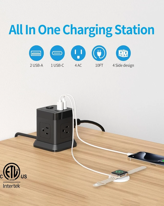 Alt view image 2 of 6 - Power Strip with USB C, 4 Outlets 3 USB 10 FT Extension Cord Black Long Cord Flat Plug Overload Protection Compact Power Cube for Desktop Home Office Travel & Bedroom ETL Listed