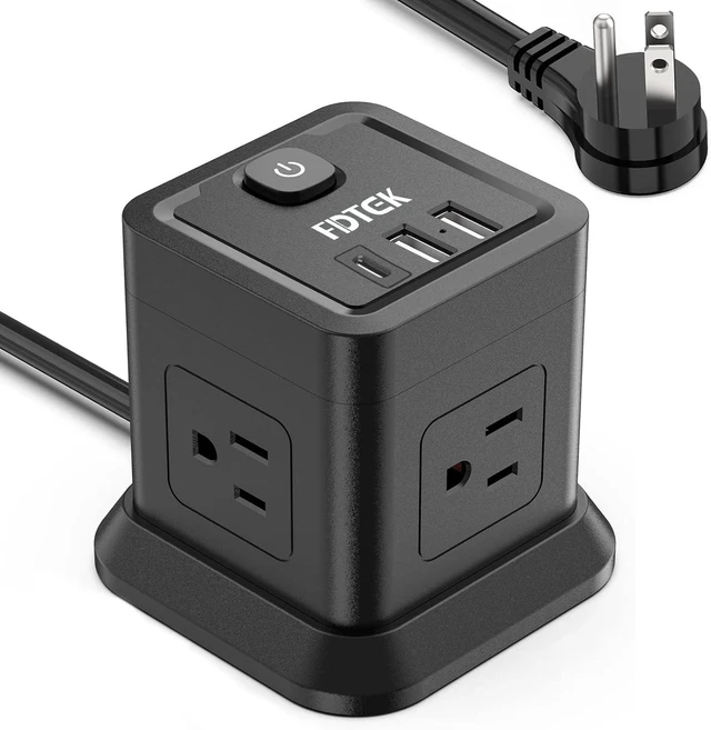 Main image of Power Strip with USB C, 4 Outlets 3 USB 10 FT Extension Cord Black Long Cord Flat Plug Overload Protection Compact Power Cube for Desktop Home Office Travel & Bedroom ETL Listed