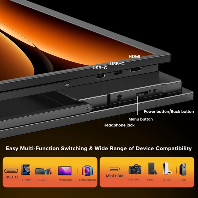Alt view image 7 of 7 - Portable Monitor 18.5'' 120Hz Gaming Monitor, 125%sRGB 2000:1 HDR FreeSync Travel Monitor for Laptop Mac-Book PC, Built-in Stand & Speakers, VESA, USB HDMI Large Second Screen for Game Office