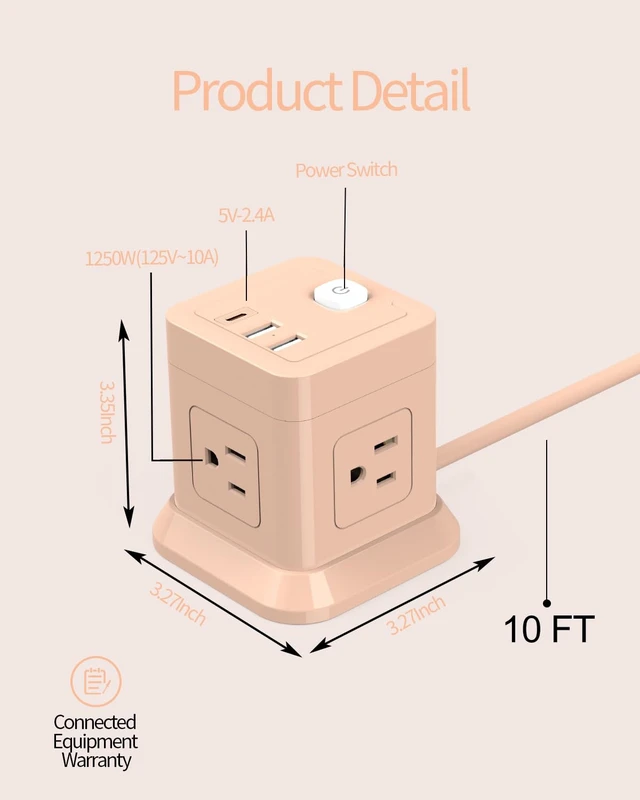 Alt view image 3 of 7 - Cube Power Strip USB C, 4 Outlets 3 USB 10 FT Extension Cord Pink Long Cord Flat Plug Overload Protection Compact Power Cube for Desktop Home Office Travel & Bedroom ETL Listed