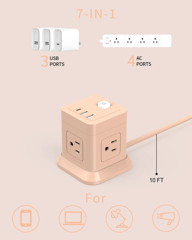 Alt view image 2 of 7 - Cube Power Strip USB C, 4 Outlets 3 USB 10 FT Extension Cord Pink Long Cord Flat Plug Overload Protection Compact Power Cube for Desktop Home Office Travel & Bedroom ETL Listed