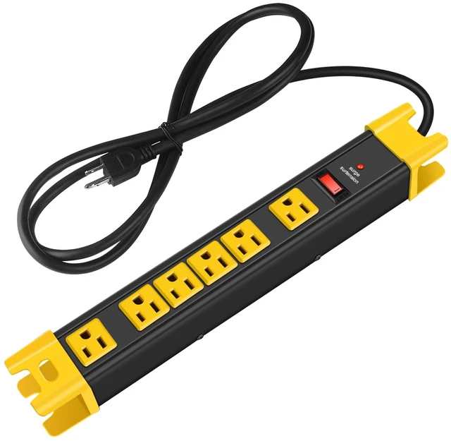 Main image of Heavy Duty Surge Protector Power Strip. Black, 4ft, 1. Extension Cord with Multiple Outlets, Metal Plug Extender, Grounding, Wide Spaced, 6 AC, for Appliance, Garage. ETL Listed