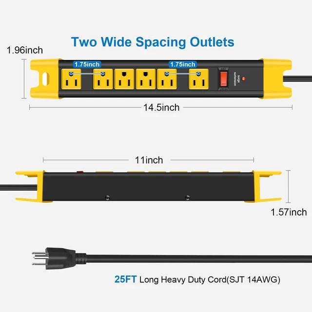 Alt view image 3 of 7 - Heavy Duty Surge Protector Power Strip. Black, 25ft, 1. Extension Cord with Multiple Outlets, Metal Plug Extender, Grounding, Wide Spaced, 6 AC, for Appliance, Garage. ETL Listed