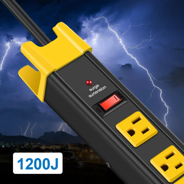 Alt view image 5 of 6 - Heavy Duty Surge Protector Power Strip. Black, 4ft, 1. Extension Cord with Multiple Outlets, Metal Plug Extender, Grounding, Wide Spaced, 6 AC, for Appliance, Garage. ETL Listed