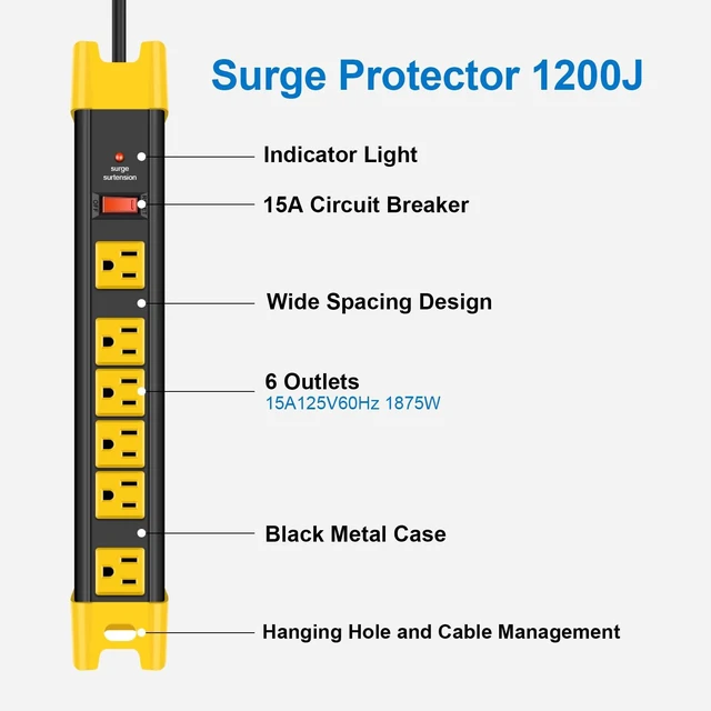 Alt view image 2 of 6 - Heavy Duty Surge Protector Power Strip. Black, 4ft, 1. Extension Cord with Multiple Outlets, Metal Plug Extender, Grounding, Wide Spaced, 6 AC, for Appliance, Garage. ETL Listed