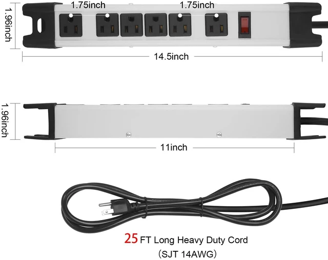 Alt view image 3 of 7 - Heavy Duty Surge Protector Power Strip. Grey, 25ft, 1. Extension Cord with Multiple Outlets, Metal Plug Extender, Grounding, Wide Spaced, 6 AC, for Appliance, Garage. ETL Listed