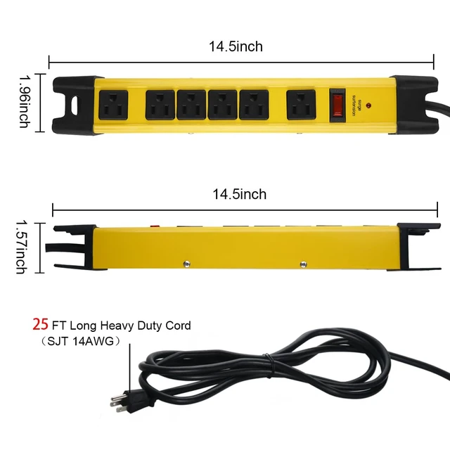 Alt view image 3 of 7 - Heavy Duty Surge Protector Power Strip. Yellow, 25ft, 1. Extension Cord with Multiple Outlets, Metal Plug Extender, Grounding, Wide Spaced, 6 AC, for Appliance, Garage. ETL Listed