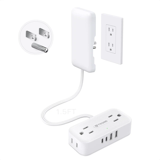 Main image of 1.5ft Flat Extension Cord with Ultra-Thin Outlet Cover, 1250W, White Flat Wall Plug Power Strip with 4 AC & 4 USB Ports(2 USB C), 900J Surge Protection, Hidden Outlet Extender for Tight Spaces