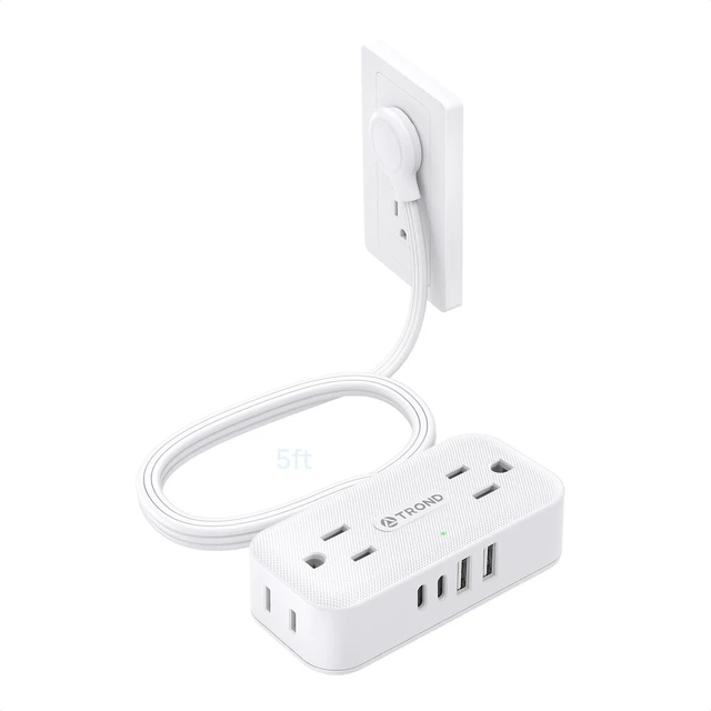 Main image of Flat Plug Power Strip, Small Extension Cord 5ft, 4 AC & 4 USB, White Low-Profile Flat Extension Cord, 1250W, Wall Mount 900J Surge Protector for Home Office Travel Dorm Room Essentials