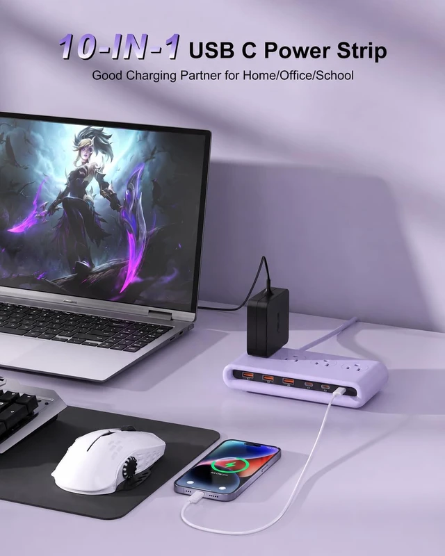 Alt view image 2 of 7 - Power Strip with USB Port - 4AC & 6 USB(3USB C), Outlet Extender 5FT Flat Plug Extension Cord with Multiple Outlets, PD20W Bedside Charging Station for Multiple Devices - Travel Home Office