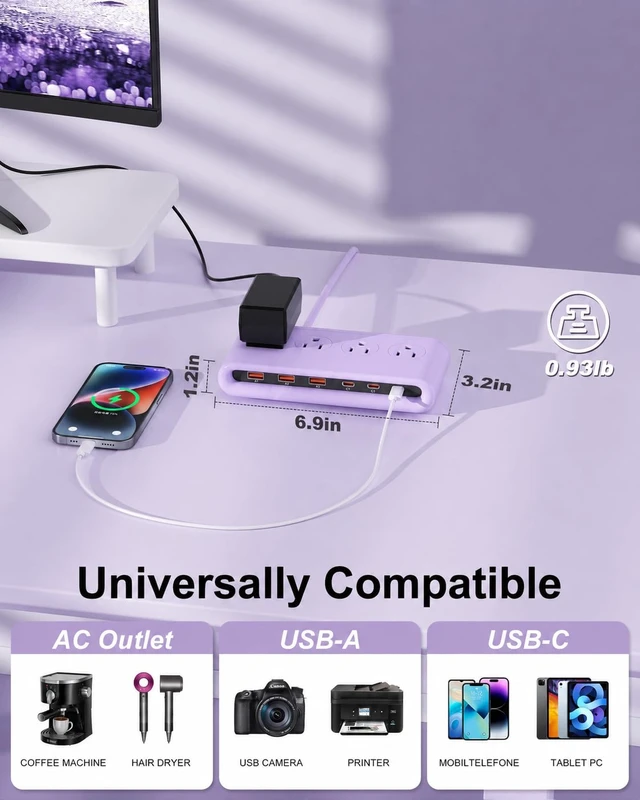 Alt view image 5 of 7 - Power Strip with USB Port - 4AC & 6 USB(3USB C), Outlet Extender 5FT Flat Plug Extension Cord with Multiple Outlets, PD20W Bedside Charging Station for Multiple Devices - Travel Home Office