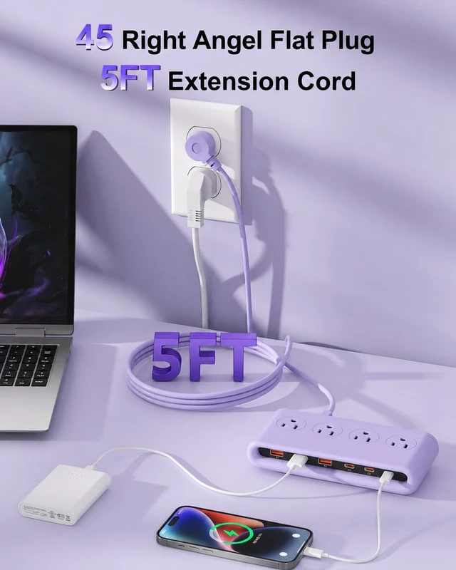 Alt view image 6 of 7 - Power Strip with USB Port - 4AC & 6 USB(3USB C), Outlet Extender 5FT Flat Plug Extension Cord with Multiple Outlets, PD20W Bedside Charging Station for Multiple Devices - Travel Home Office