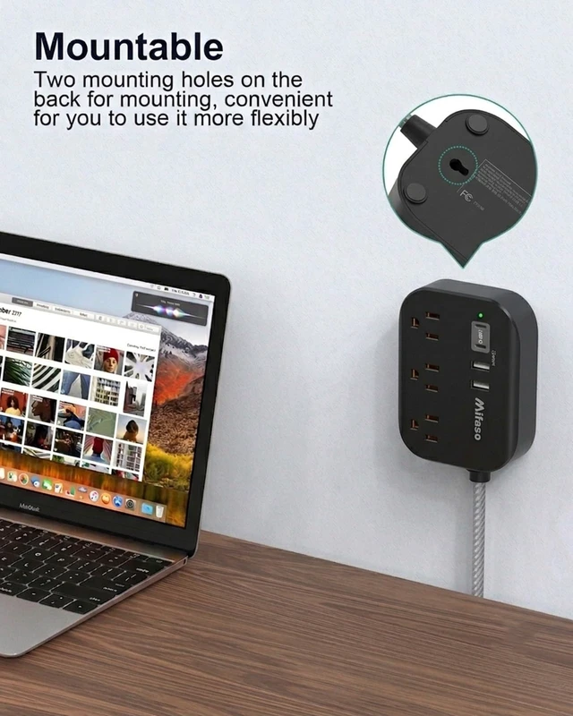 Alt view image 3 of 7 - Power Strip with USB, 15Ft Compact Flat Plug Extension Cord 3 Outlets 4 USB Ports, Dorm Room Essentials, Black