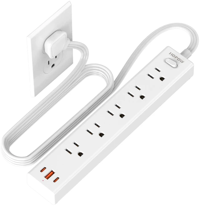 Main image of 6FT Surge Protector Power Strip, 1700J, 5AC&1A2C, Flat Plug Extension Cord Flat Power Strip, 0.33in Ultra Thin Plug, 1250W/10A, Wide Spaced, Mountable for Home Office, White